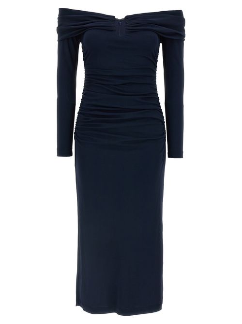 Off-Shoulder Ruched Midi Dress — Navy