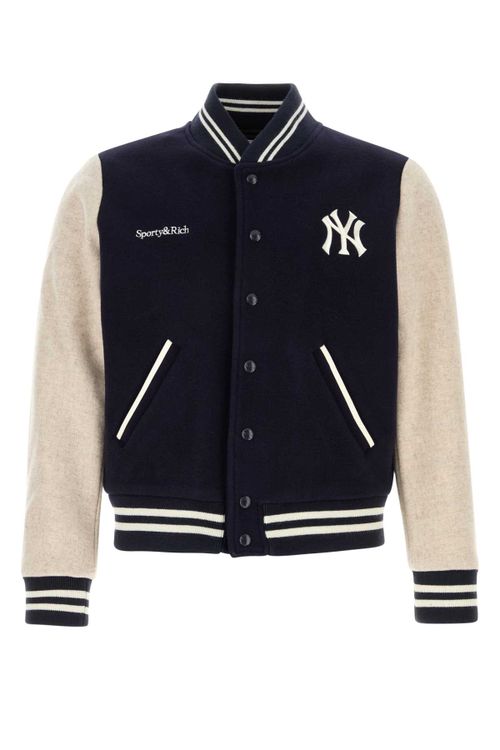 Dark Blue Wool Blend Bomber Jacket