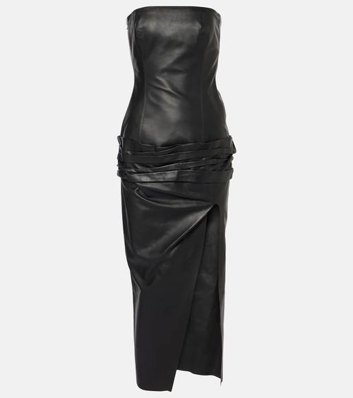 Draped strapless leather midi dress