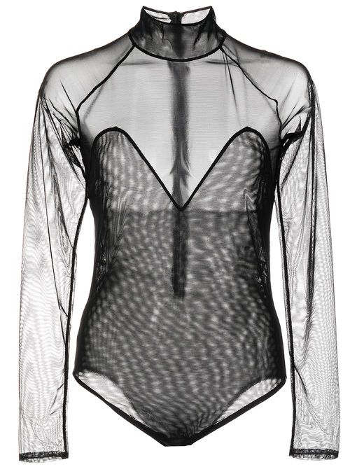 Mesh-panel mock neck bodysuit - Black
