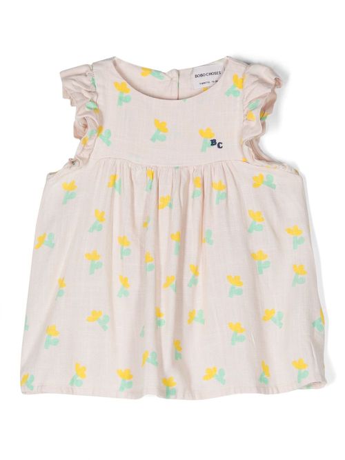 Ruffle-cuffs floral-print dress - Neutrals