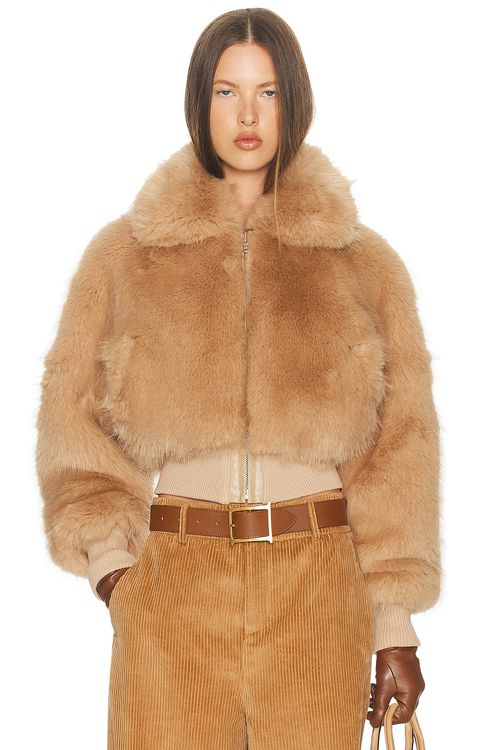Helsa Faux Fox Bomber Jacket in Bisque - Tan. XL also in L, M