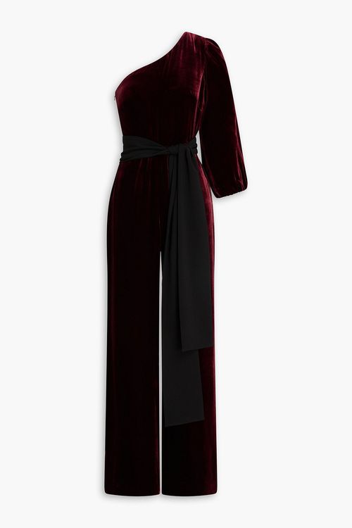 One-sleeve velvet wide-leg jumpsuit - Burgundy - UK 10