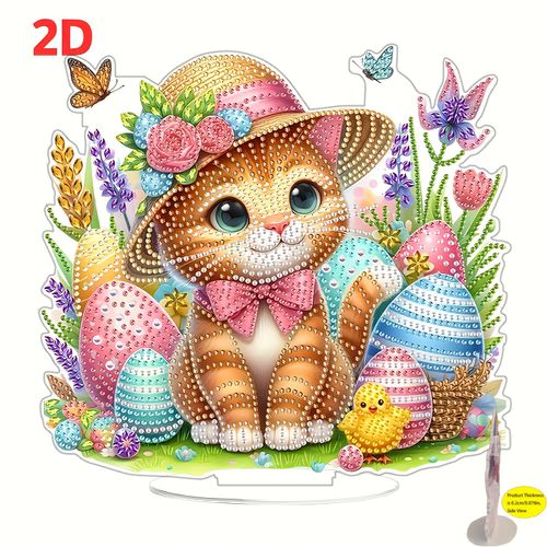 TEMU Diy Easter Style Colorful Egg Cat 2d Exquisite Set, Desktop Decoration Acrylic Handicraft Kit, Unique Shape Rhinestone, Holiday Surprise Gift