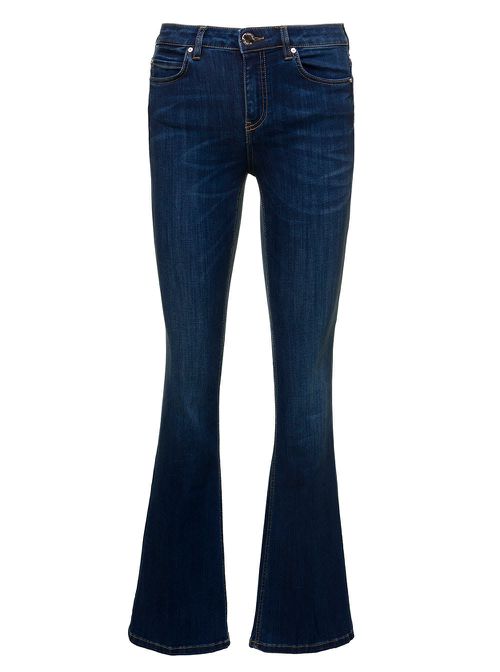 Flora Blue Flared Jeans With Rhinestone Embellished Logo In Cotton Blend Denim Woman