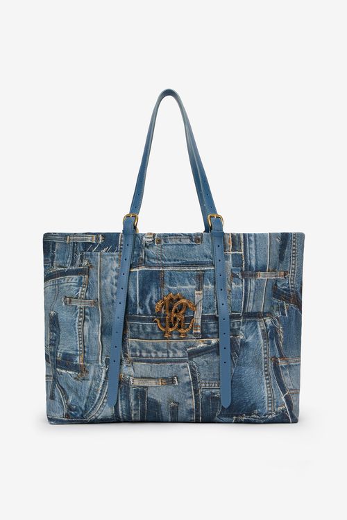 Denim Patchwork Print Shopping Bag
