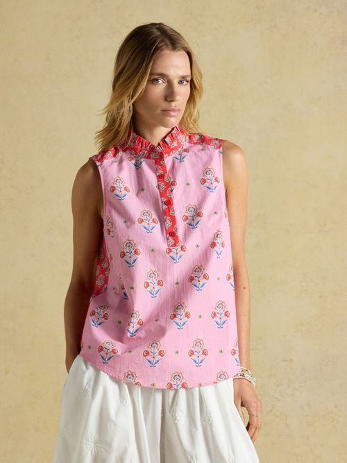 Iris Pink & Orange Sleeveless Frill Neck Shirt