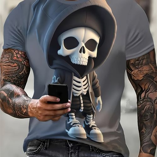 TEMU Men's Cartoon Skeleton With Hood Print Short Sleeve Crew Neck T-shirt, Casual Stylish Tee As Gift