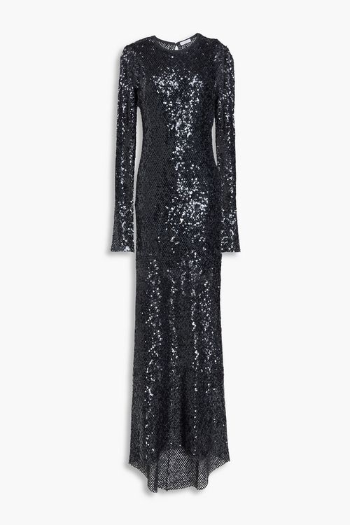Sequin-embellished crocheted linen-blend gown - Gray - M