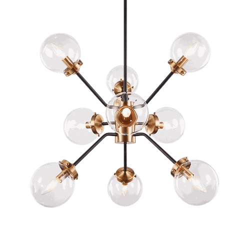 Aged Gold Brass Nine Light Chandelier from the Maru Collection