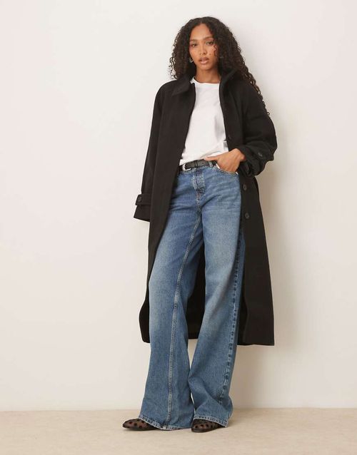 Funnel neck longline formal trench coat in black