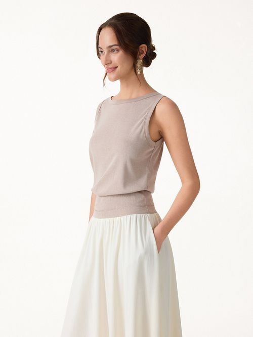 Cotton-Linen Blend Reversible Boatneck Low Back Top - Natural Calico Beige