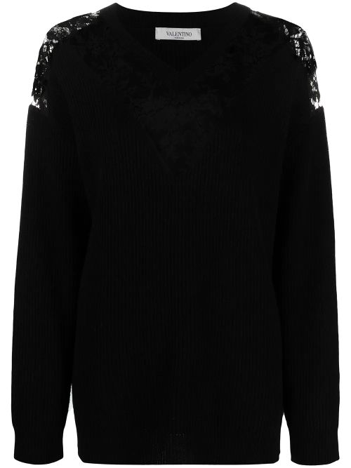 Lace-Panelled Virgin Wool-Cashmere Sweater — Black