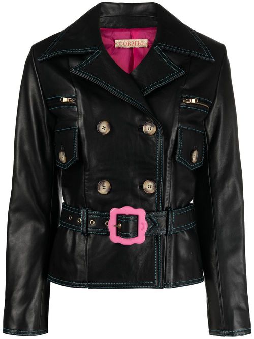 Double-breasted belted leather jacket - Black