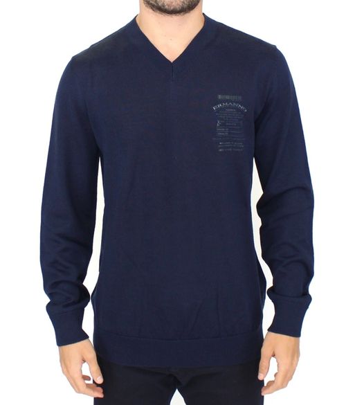 Wool Blend V-Neck Sweater — Navy