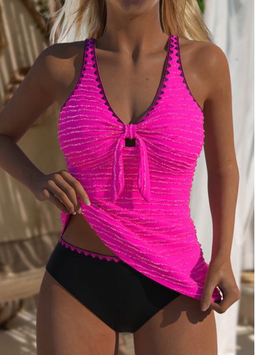 Modlily Jacquard Mid Waisted Hot Pink Tankini Set