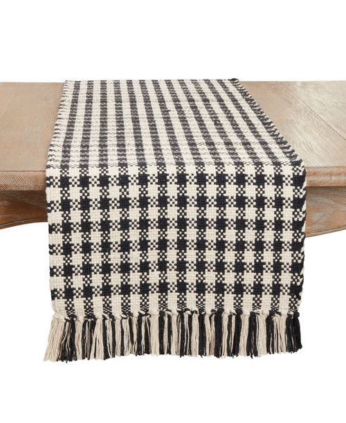 "Classic Houndstooth Fringe Table Runner, 16""x72"" - Black/White"