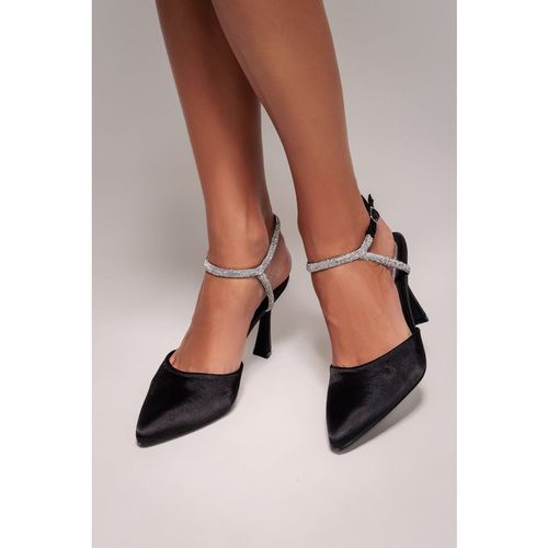Diamante Embellished Satin Slingback Court Heels - Black Satin by Goddiva