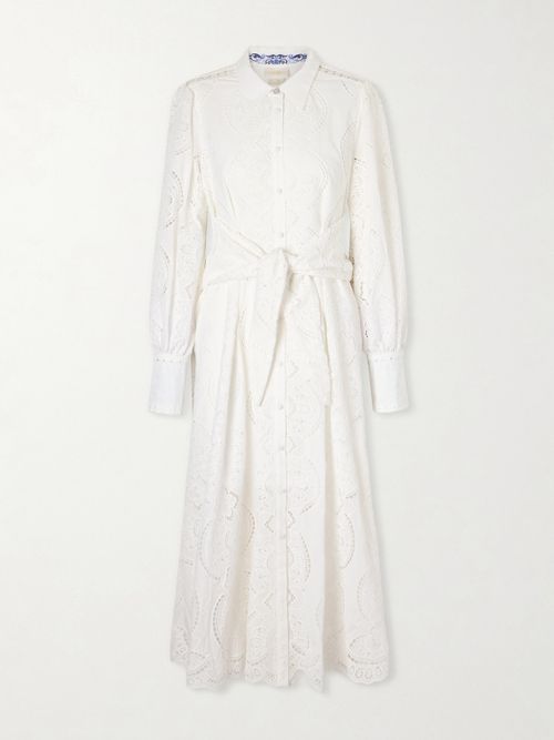 Tie-detailed Broderie Anglaise Cotton Midi Shirt Dress - White