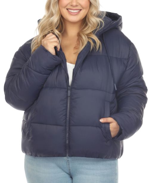 Plus Size Quilted Puffer Crop Jacket with Hood - Navy