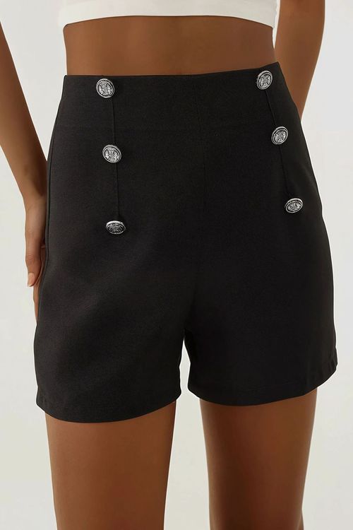 Black High Waist Buttoned Shorts Women