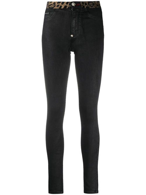 Leopard-trimmed skinny jeans - Black