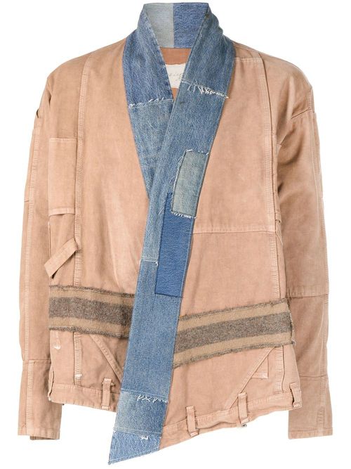 Patchwork-design denim-trim jacket - Brown