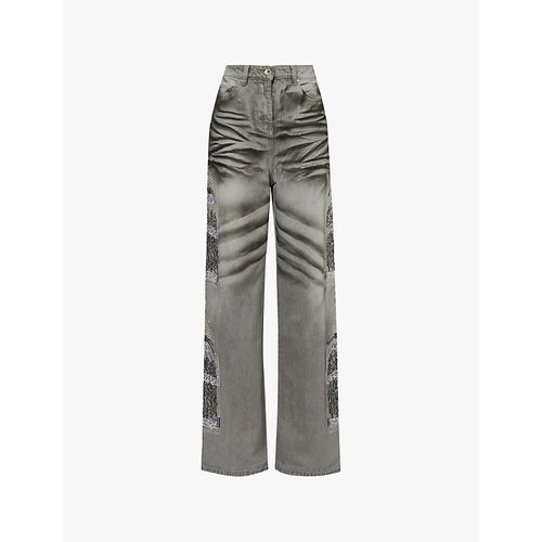 Womens Vintage Grey Noir Stripe Distressed Straight-leg Mid-rise Jeans 28
