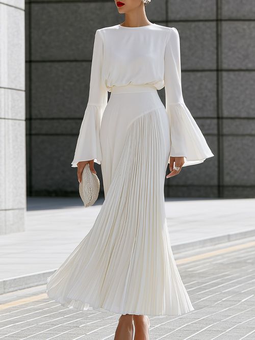 Bell-Sleeve Blouse And Pleated Maxi Skirt Set - White