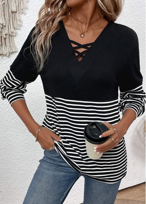 Modlily Black Criss Cross Striped Long Sleeve T Shirt