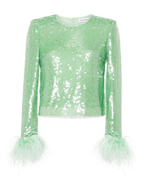Feather-trim sequinned top - Green
