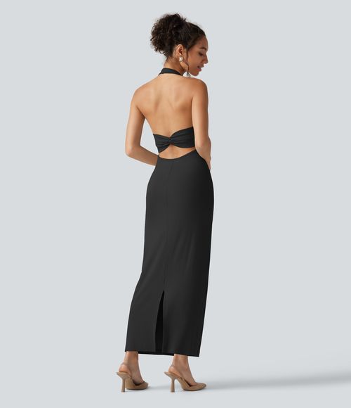 Ribbed Knit Halter Bodycon Midi Dress Casual Dress - Black