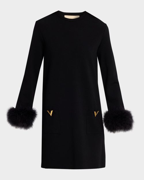 Feather-Cuffs Knit Mini Shift Dress