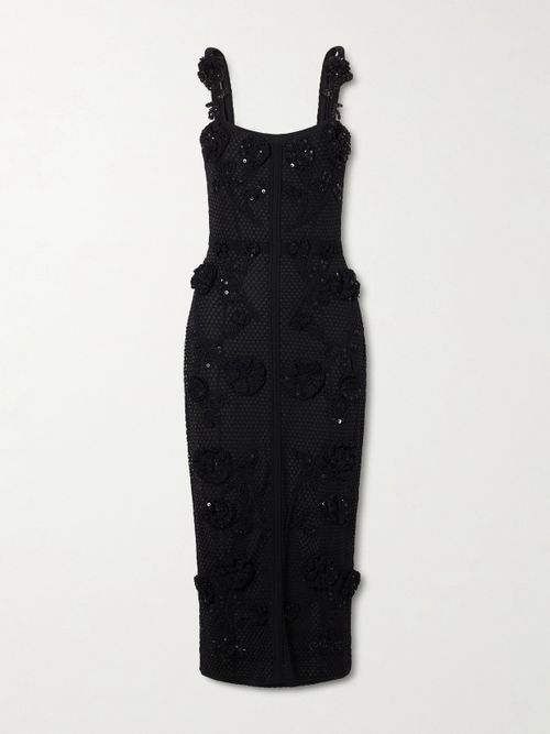 Embellished Crocheted Midi Dress - Black