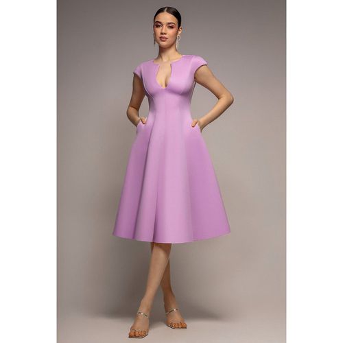 Goddiva Cap Sleeve Plunging V-Neckline A-line Midi Dress - Lilac