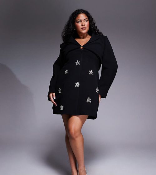 Curve structured tailored embellished long sleeve dress in black