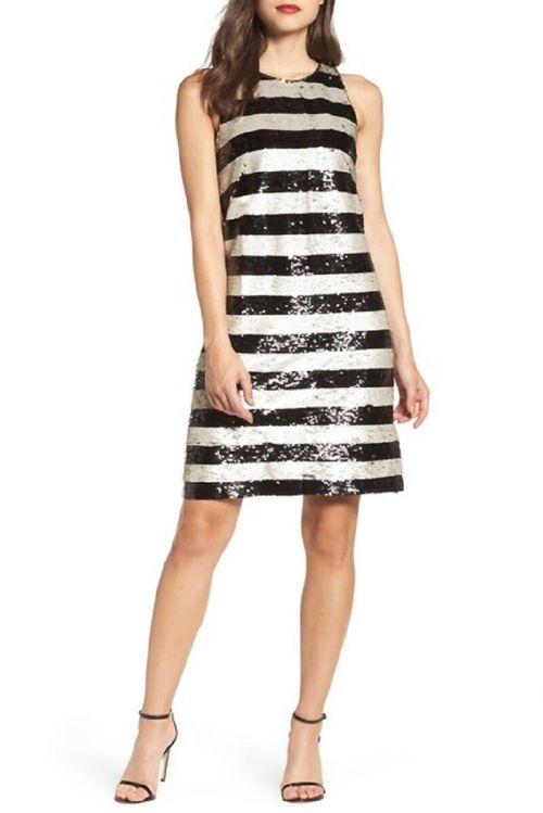 Reversible Sequin Striped Shift Cocktail Dress In Gold, Black