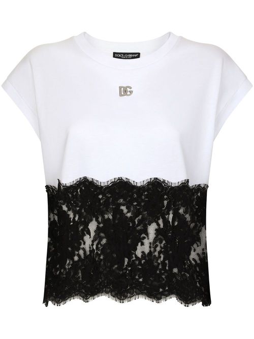 Lace-trim cap-sleeve T-shirt - White