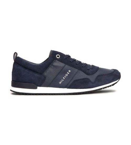 Tommy Hilfiger for man. FM0FM00924 Iconic leather trainers with navy laces (46), Black, Flat, 1 to 3 cm, Casual