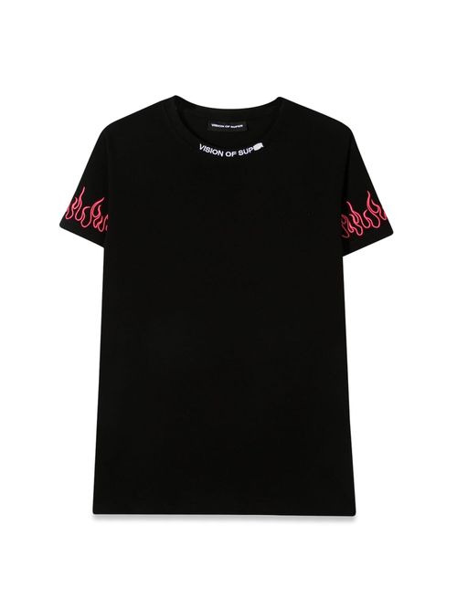 Black embroidered tshirt fuchsia flame