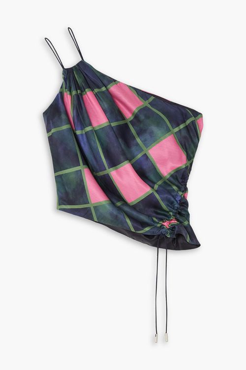 AHLUWALIA - Patel drapiertes Oberteil aus Satin mit Print und asymmetrischer Schulterpartie - Blau - UK 12