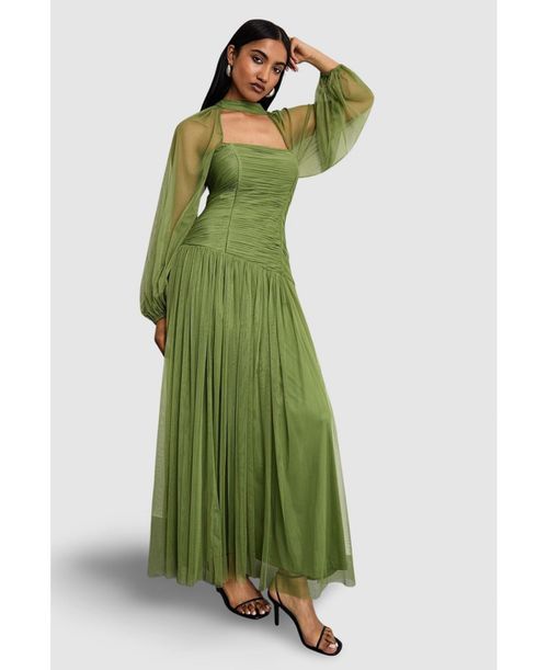Women's Bow Detail Gathered Tulle Maxi Dress - Green