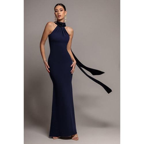 Goddiva Scuba & Soft Satin Halterneck Maxi Dress With Back Sash - Navy Blue