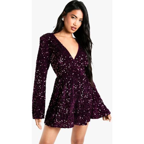 Boohoo Women's Velvet Sequin Flare Sleeve Playsuit in Wine
