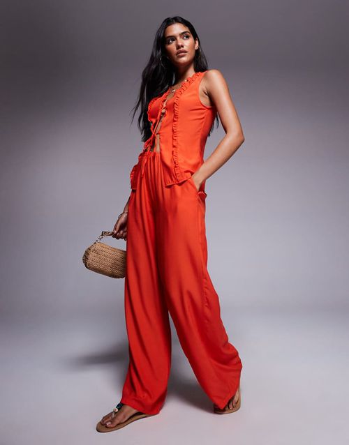Elasticated waist wide leg trousers co-ord in orange-Red