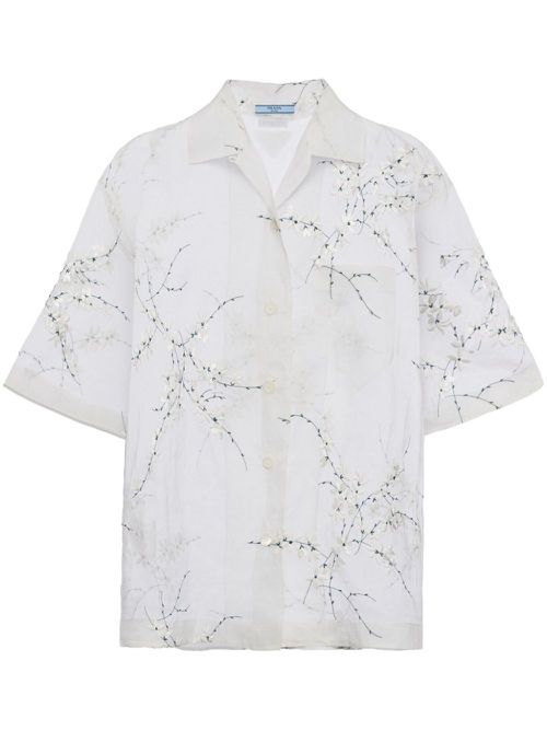 Floral-embroidered short-sleeved sheer shirt - White