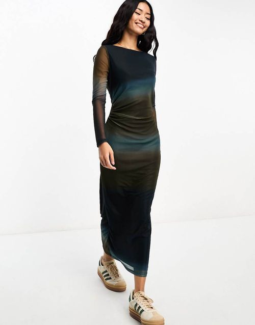 Mesh maxi dress in black ombre-Multi