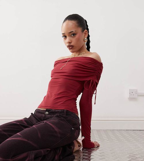 Labelrail x Jennifer McKing liquid off-shoulder long sleeve top in burgundy-Red