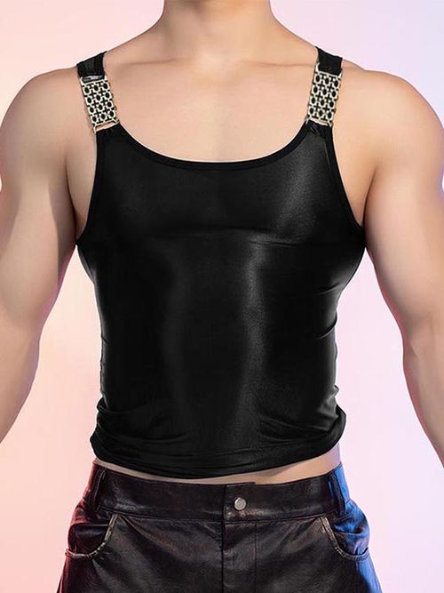 Mens Metal Buckle Patchwork Glossy Tank SKUK91686 - Black / S