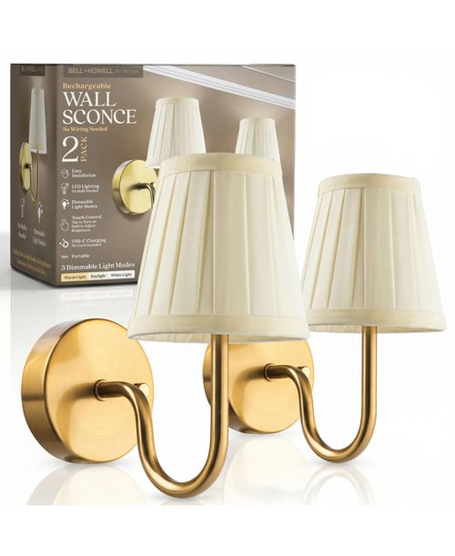 Set of 2 Folded Pleat Shade Dimmable Led Rechargeable Cordless Touch Control Lights Wall Sconces - Gold